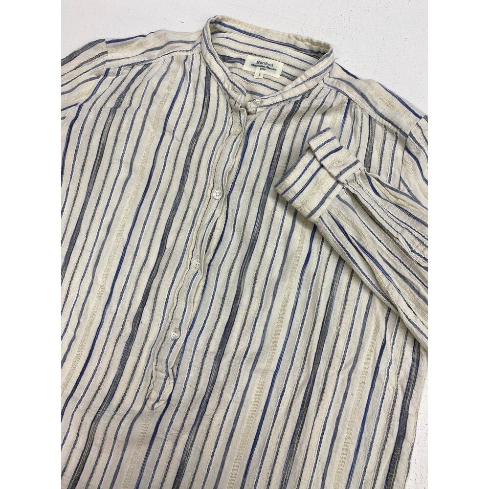 Women Hartford Alternative Classics linen blend stripe 1/2 button tunic blouse 1